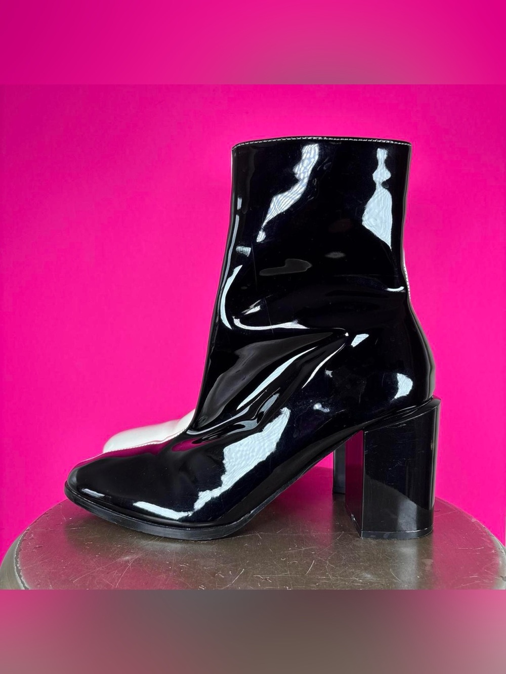 Nasty Gal Wynala Black White Patent Block Heel Ankle Boot UK 7 US 9 - Picture 5 of 8